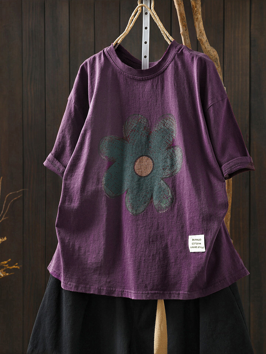 Plus Size Women Summer Artsy Flower Cotton T-Shirt