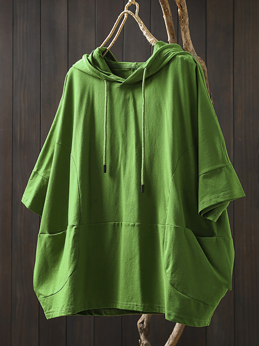 Plus Size Women Summer Casual Pure Color Hooded Cotton Hoodie