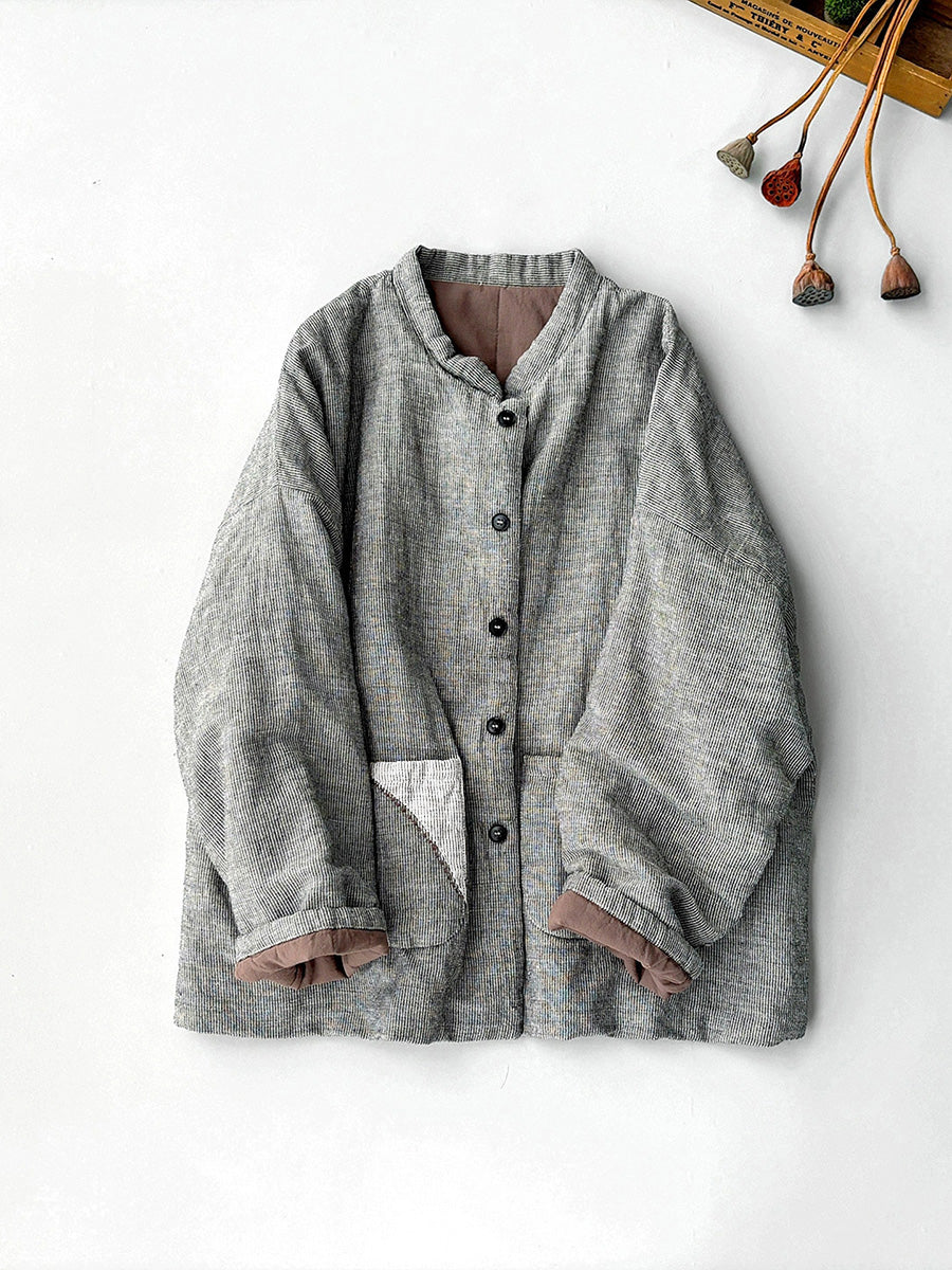 Plus Size Women Retro Autumn Lattice O-Neck Padded Coat