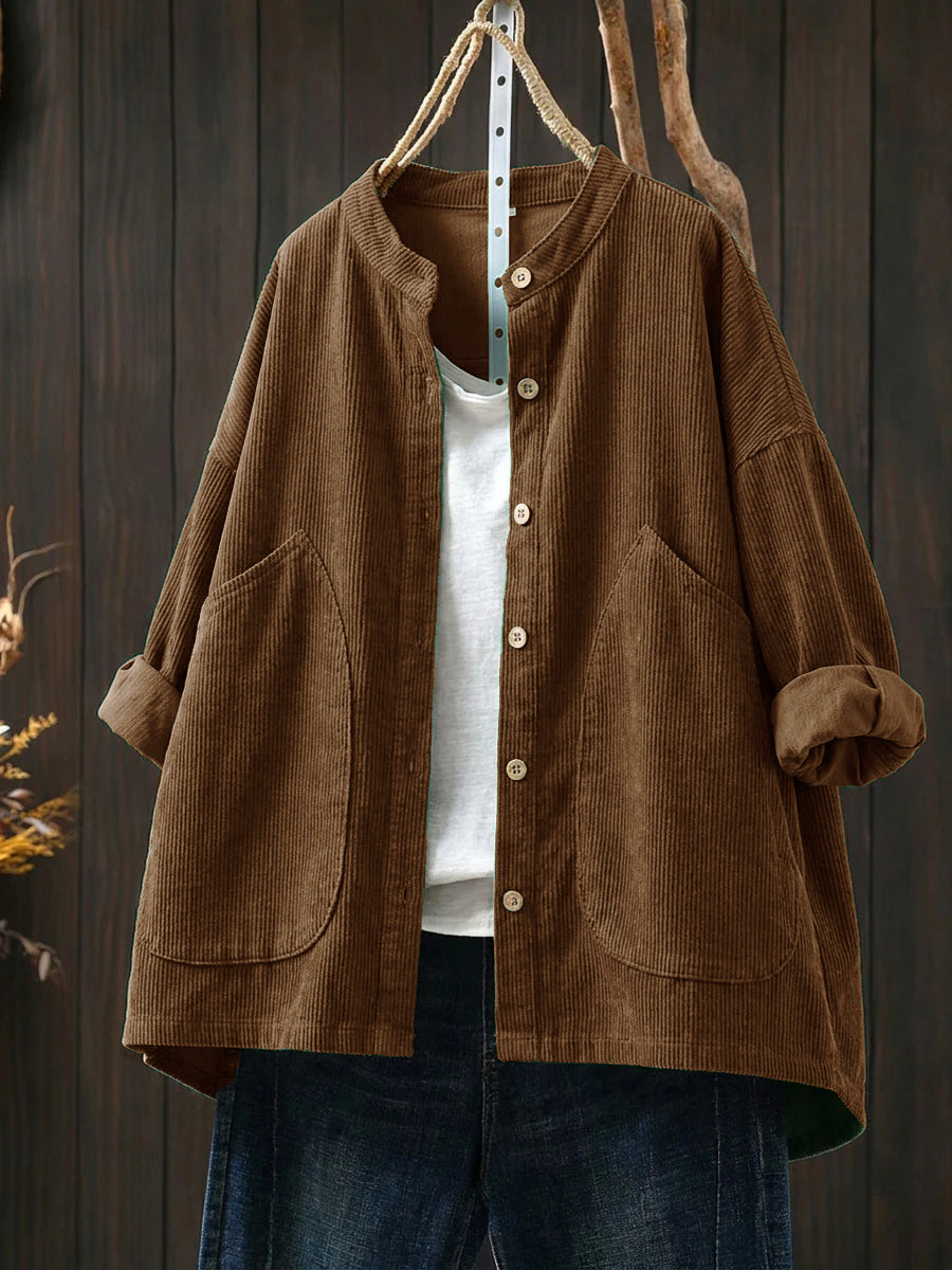 Plus Size Women Casual Solid Vintage Cotton Corduroy Coat