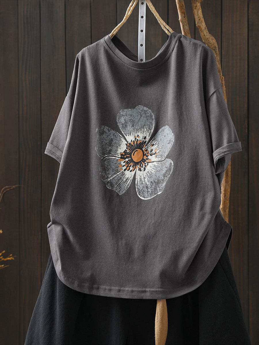 Plus Size Women Summer Casual Flower O-Neck T-Shirt