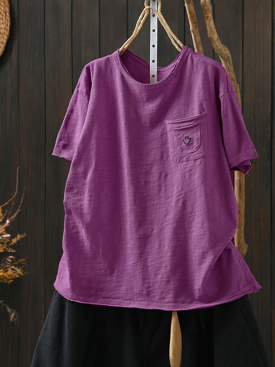 Plus Size Women Summer Artsy Smile O-Neck 100%Cotton T-Shirt