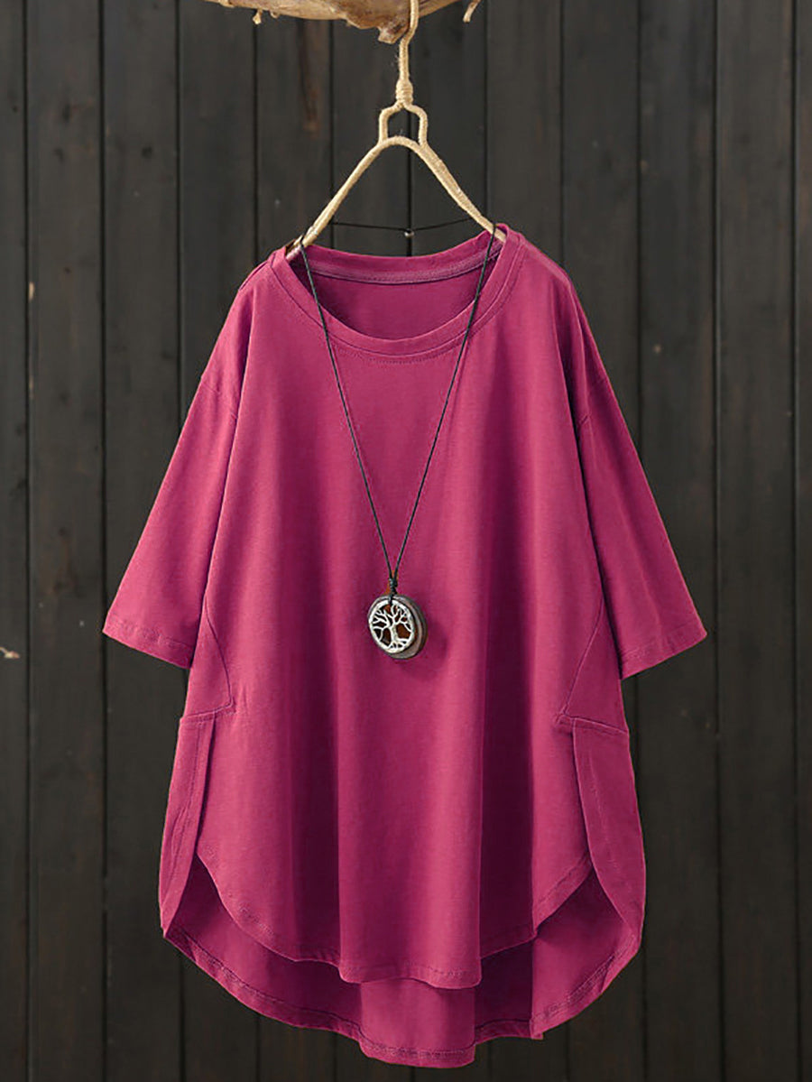 Plus Size Women Summer Casual Pure Color O-Neck T-Shirt
