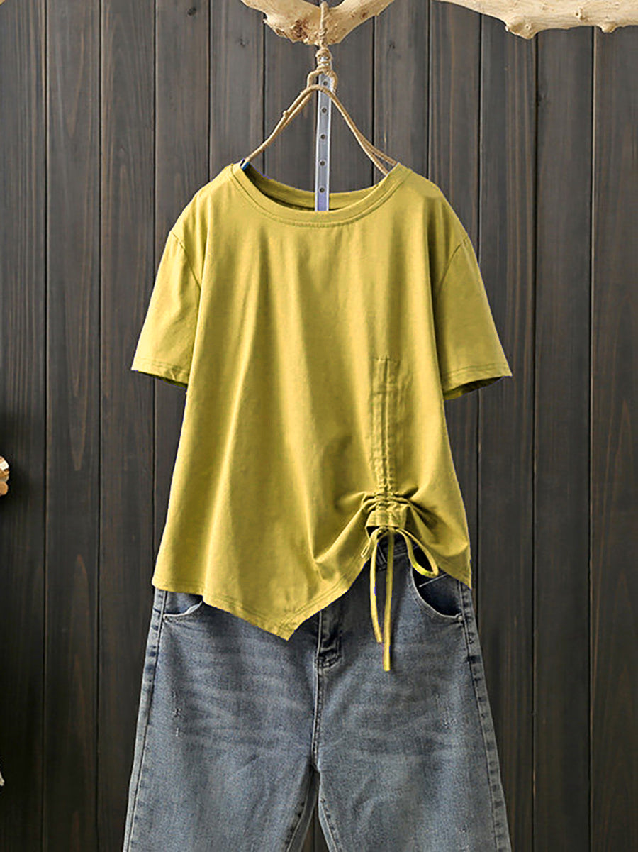 Plus Size Women Summer Artsy Irregular O-Neck Cotton T-Shirt