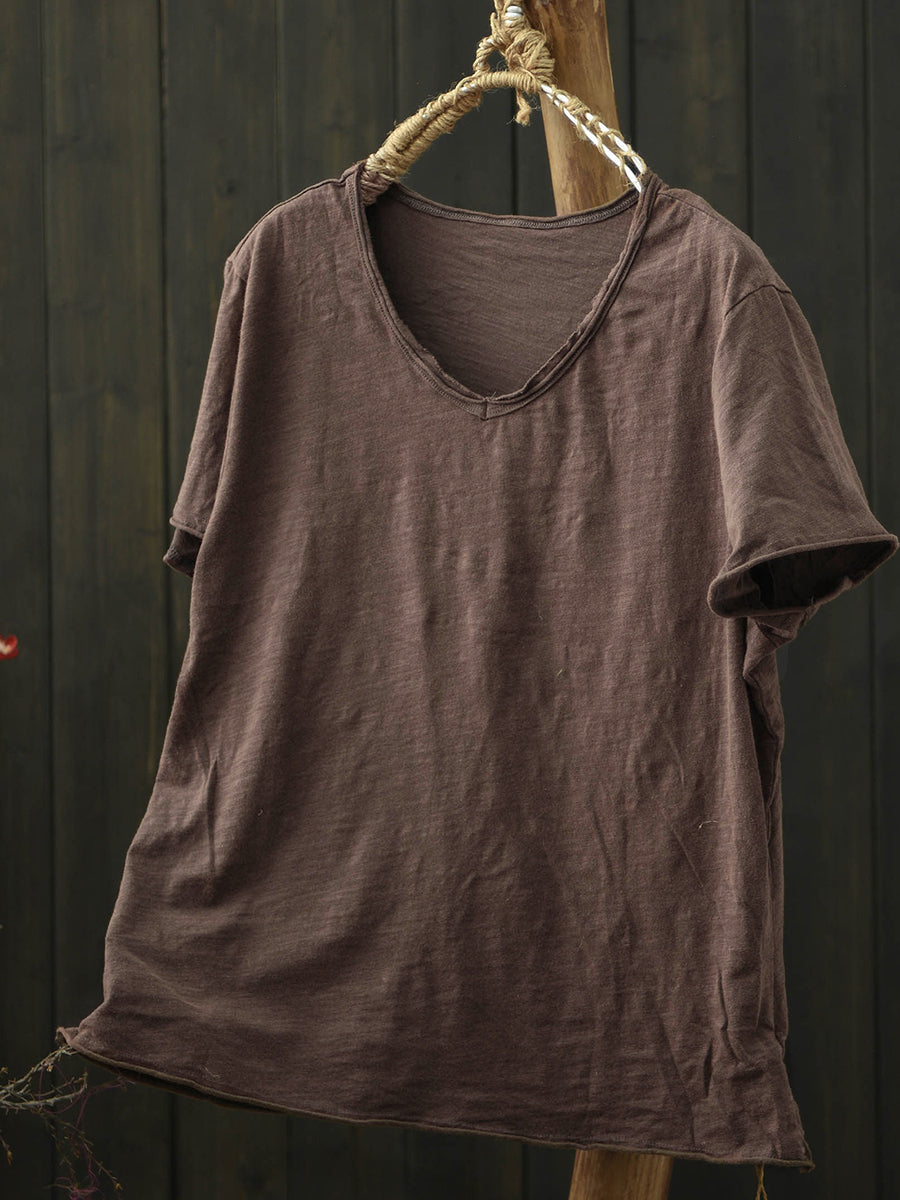 Plus Size Women Summer Vintage Pure Color V-Neck Cotton T-Shirt