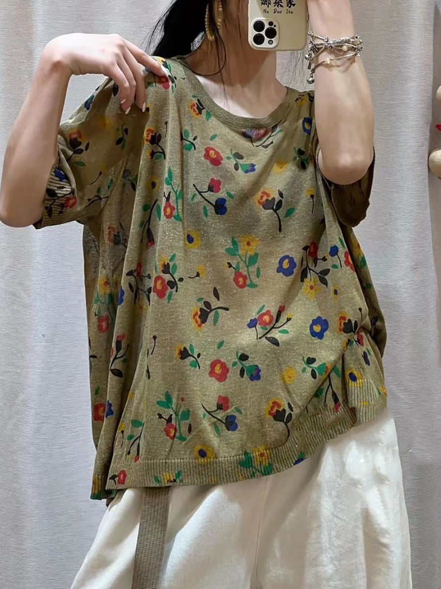 Women Casual Flower Summer Loose Pullover T-Shirt