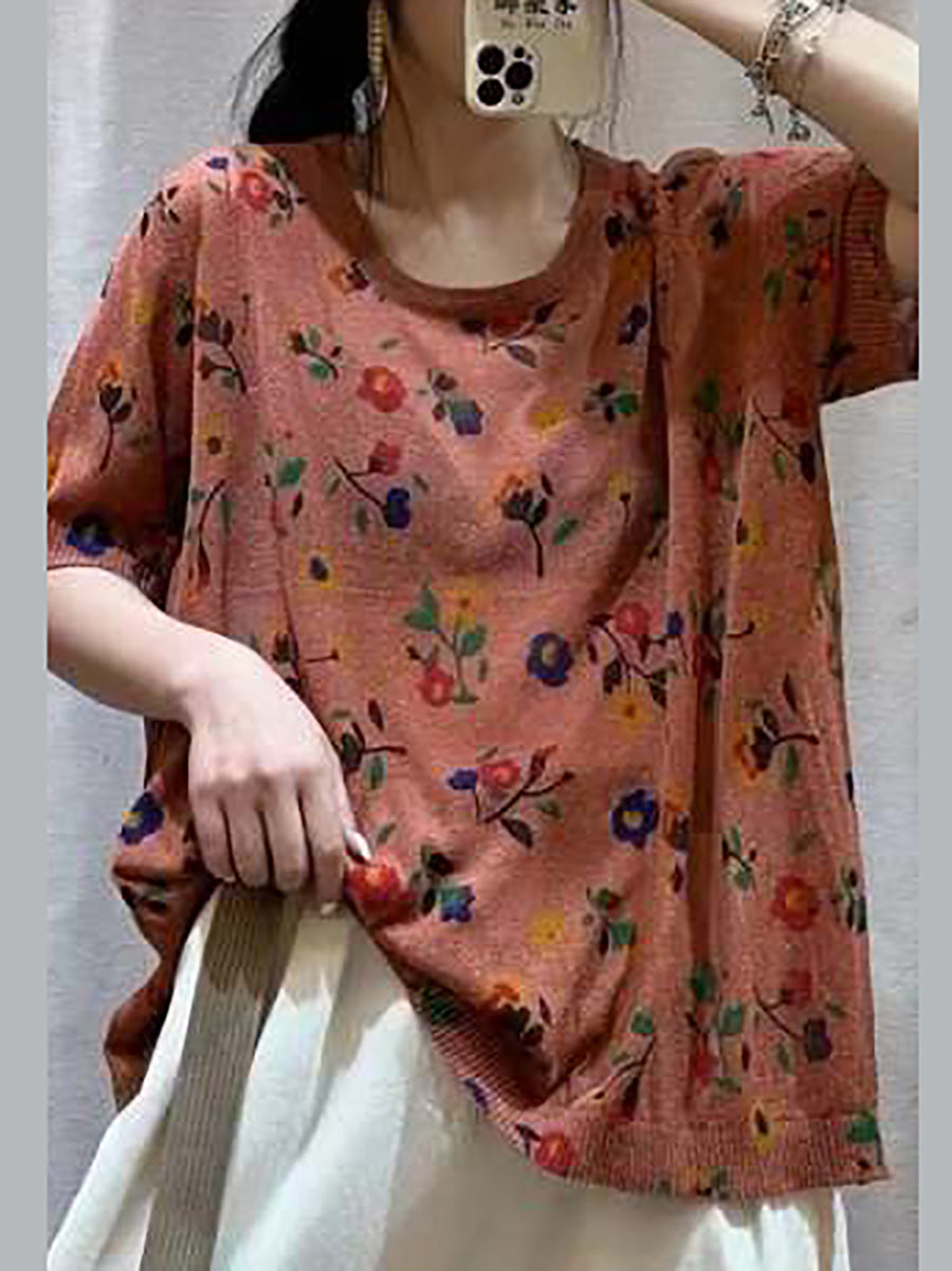Women Casual Flower Summer Loose Pullover T-Shirt