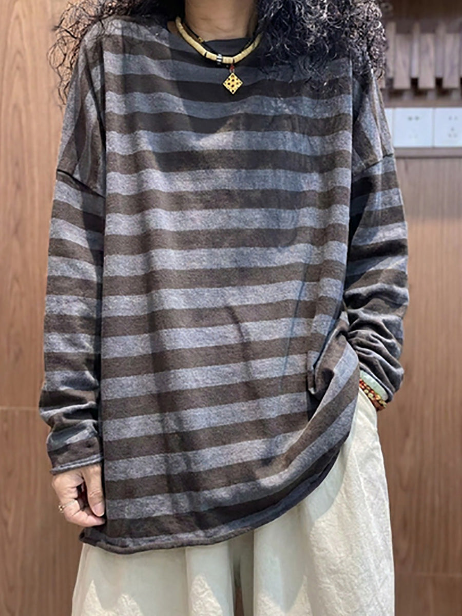 Plus Size Women Stripe Colorblock O-Neck Long Sleeve T-Shirt