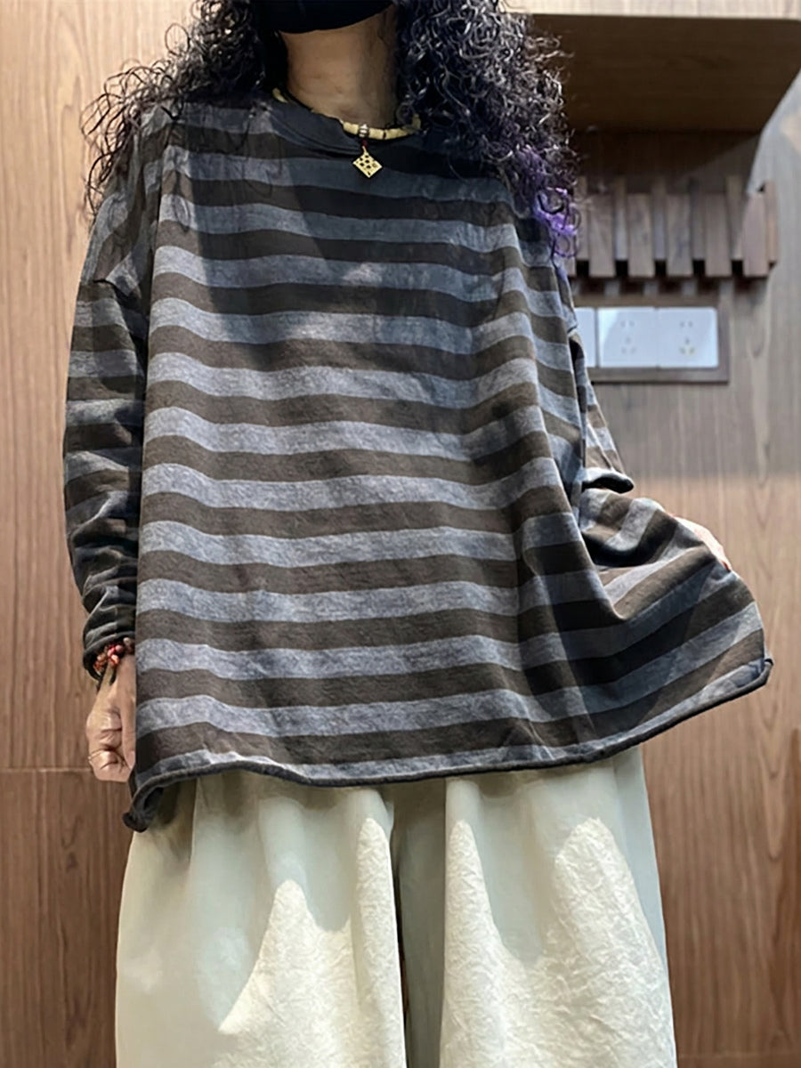 Plus size Women Summer Stripe Colorblock O-Neck T-Shirt