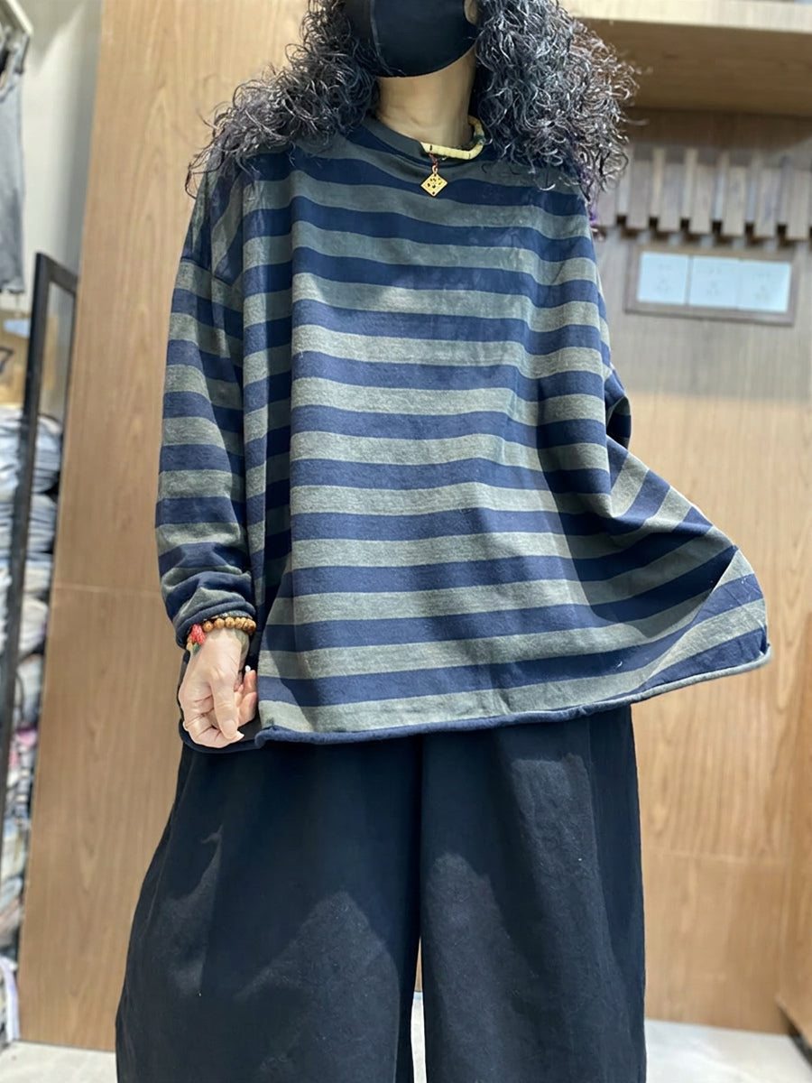 Plus Size Women Stripe Colorblock O-Neck Long Sleeve T-Shirt