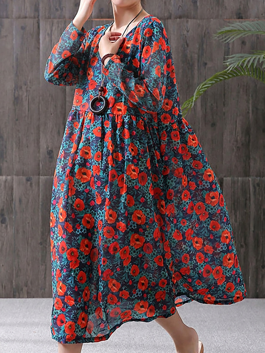 Plus Size - Floral Print Cotton Viscose Loose A-Line Dress