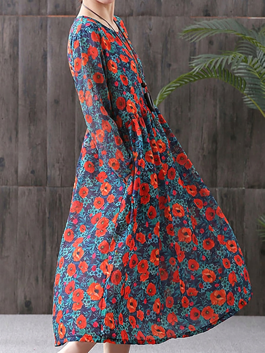 Plus Size - Floral Print Cotton Viscose Loose A-Line Dress