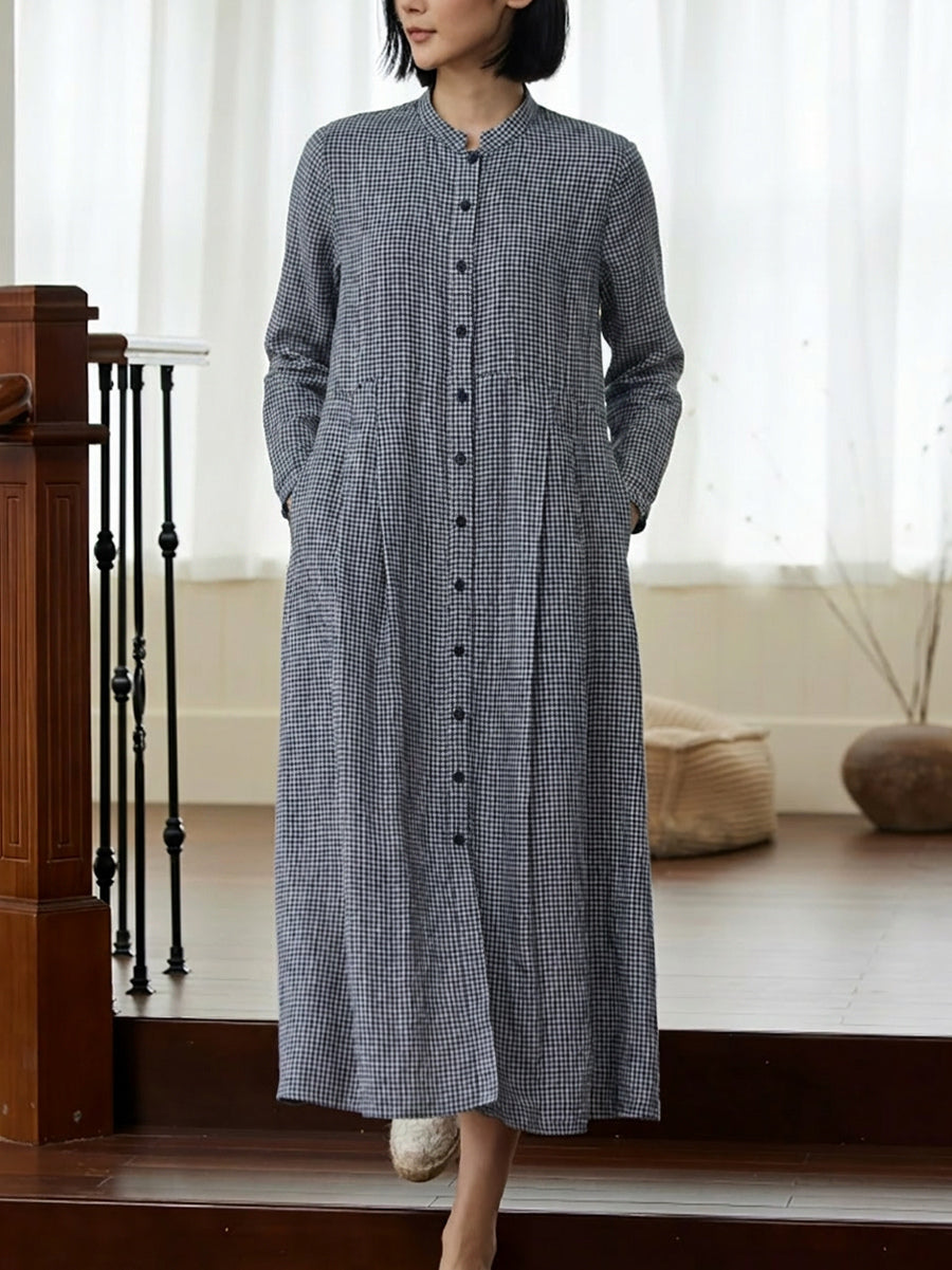 Plus Size Women Summer Plaid Stand Collar 100%Linen Loose Dress