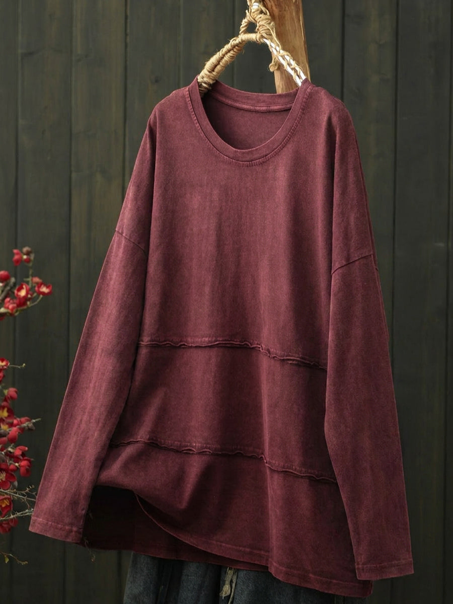 Plus Size Women Retro Pure Color Cotton Long Sleeve T-Shirt