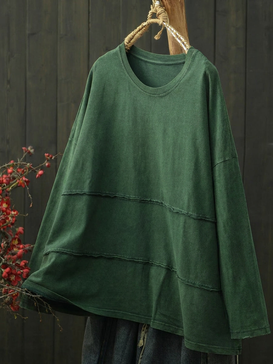 Plus Size Women Retro Pure Color Cotton Long Sleeve T-Shirt