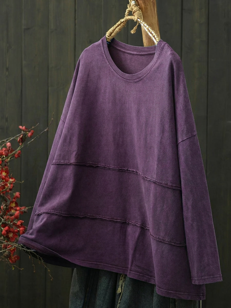 Plus Size Women Retro Pure Color Cotton Long Sleeve T-Shirt