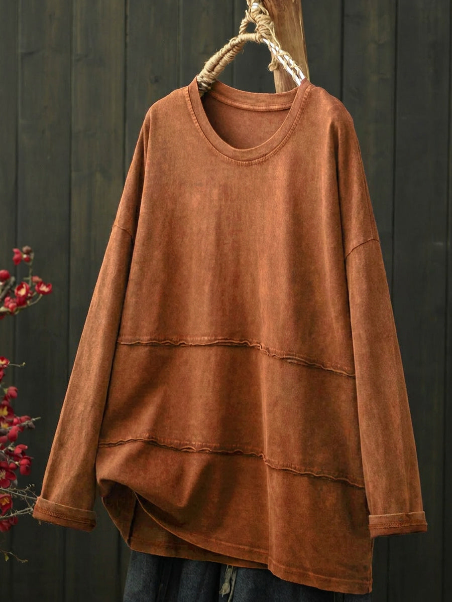 Plus Size Women Retro Pure Color Cotton Long Sleeve T-Shirt