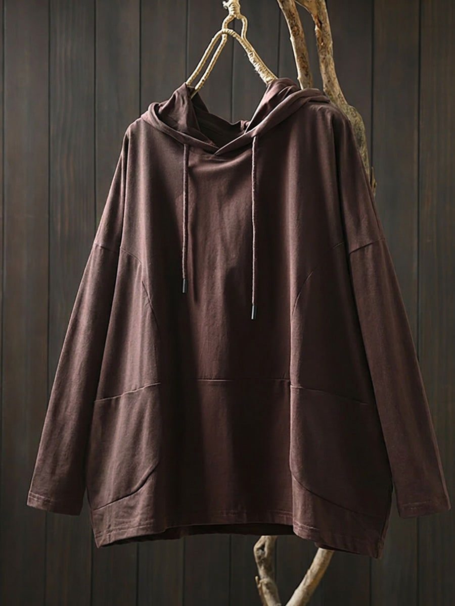 Plus Size Women Casual Pure Color Hooded Cotton Long Sleeve Hoodie
