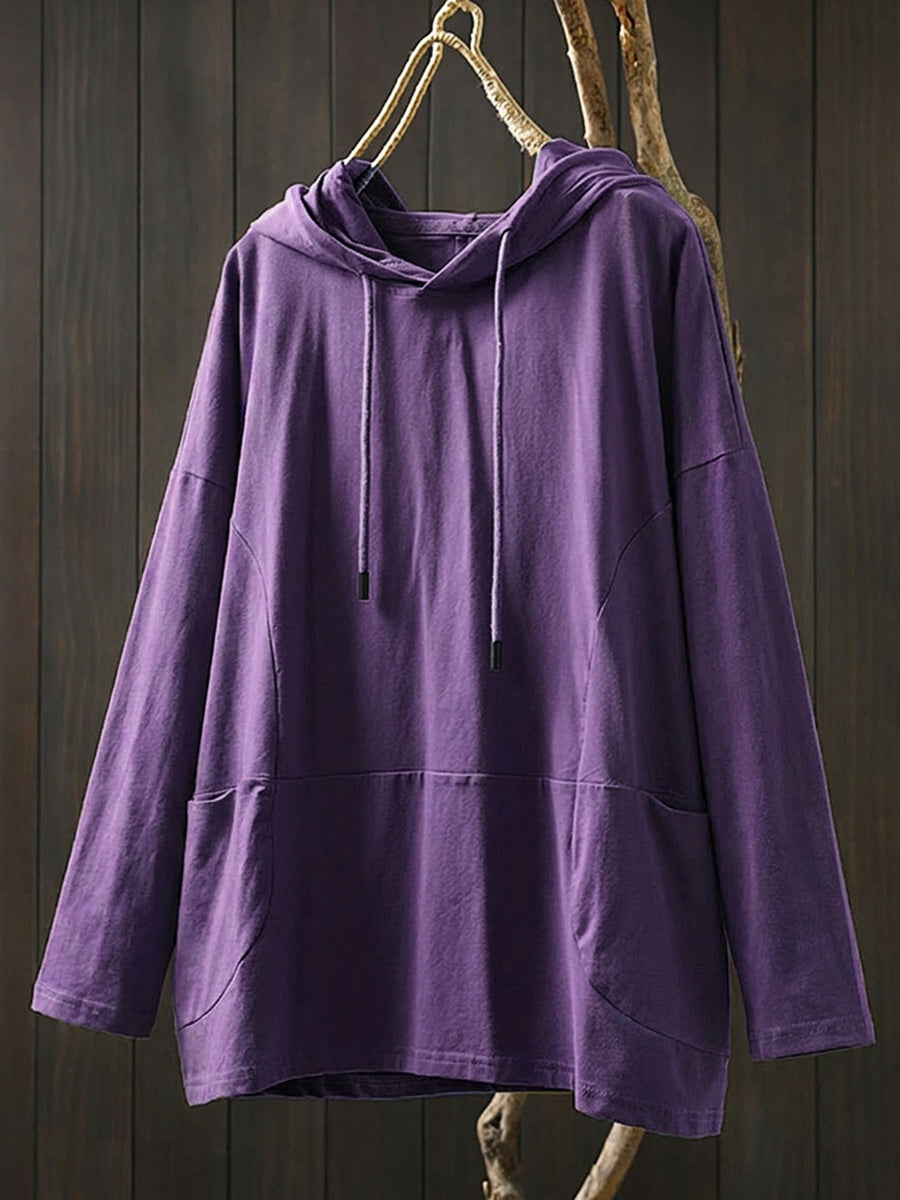 Plus Size Women Summer Casual Pure Color Hooded Cotton Hoodie