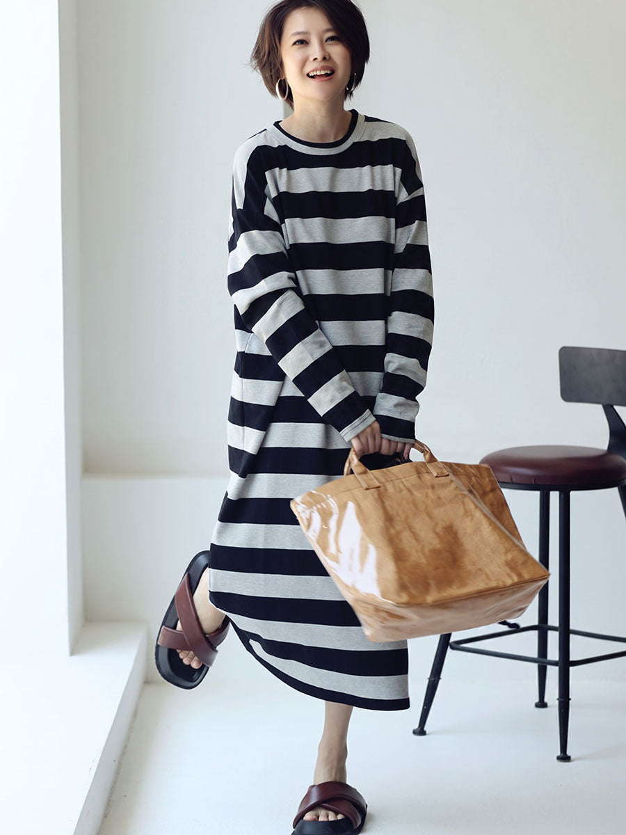 Plus Size Women Casual Stripe Loose Midi Dress
