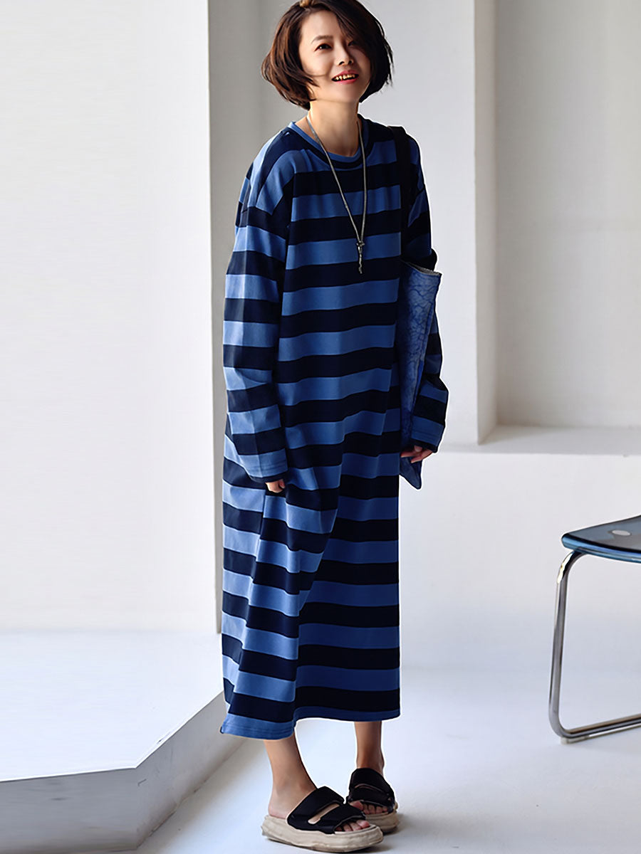 Plus Size Women Casual Stripe Loose Midi Dress