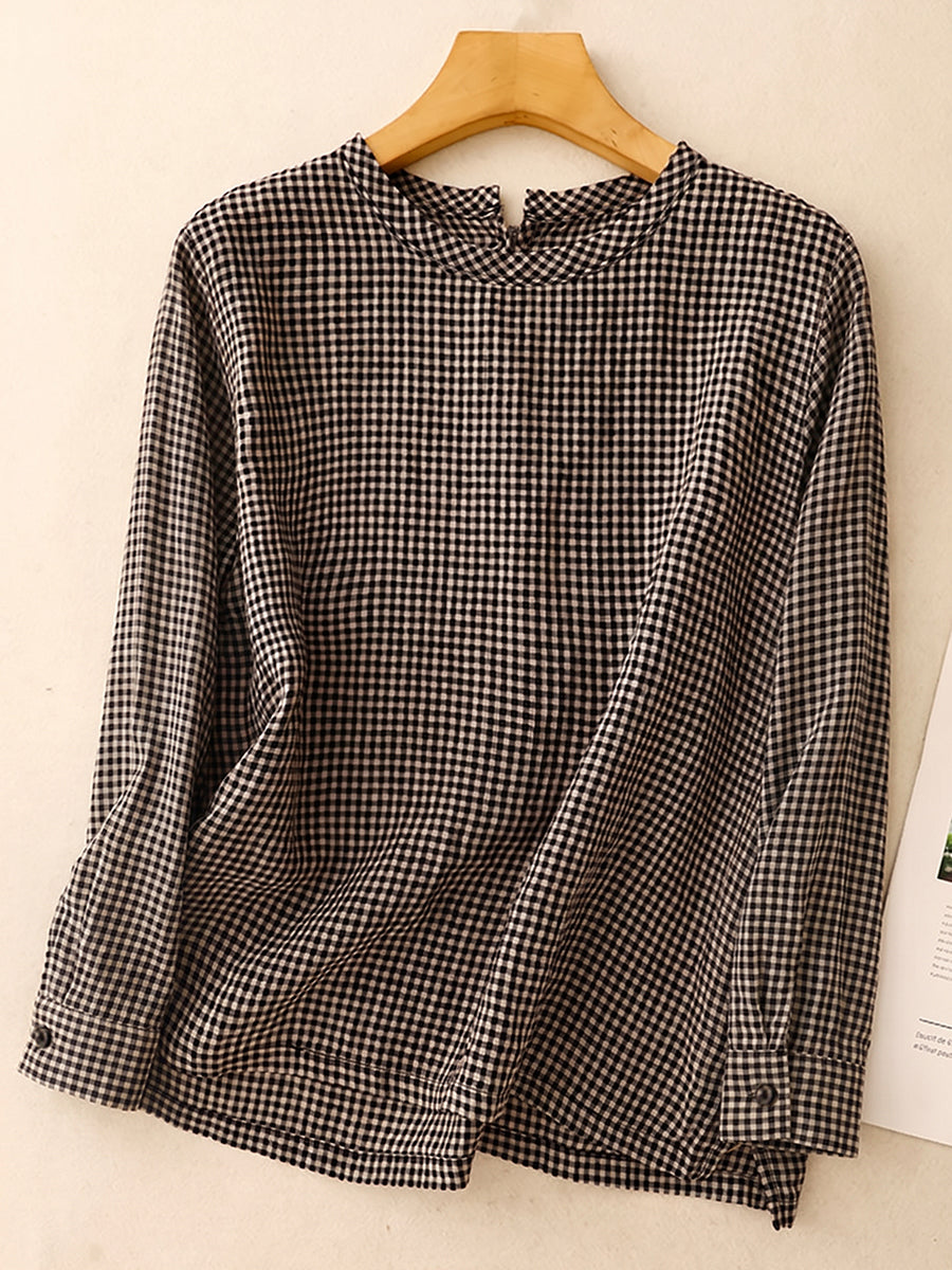 Plus Size Women Summer Retro Plaid Stand Collar Cotton Linen T-Shirt