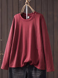 Plus Size Women Casual Pure Color O-Neck Long Sleeve T-Shirt