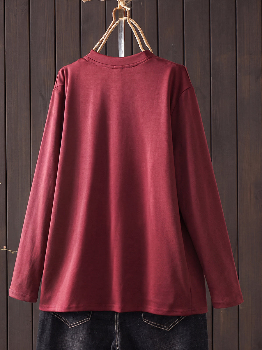 Plus Size Women Casual Pure Color O-Neck Long Sleeve T-Shirt