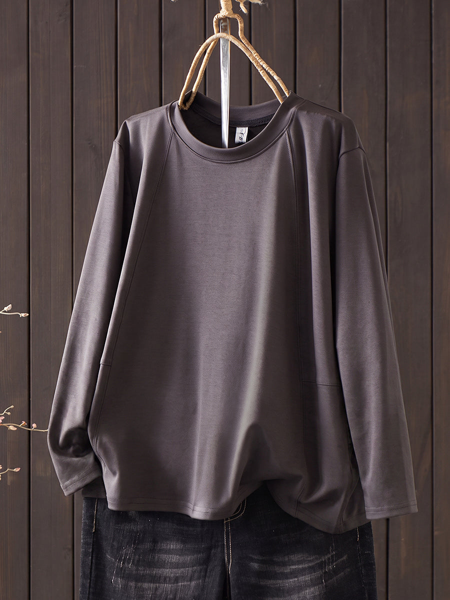 Plus Size Women Casual Pure Color O-Neck Long Sleeve T-Shirt