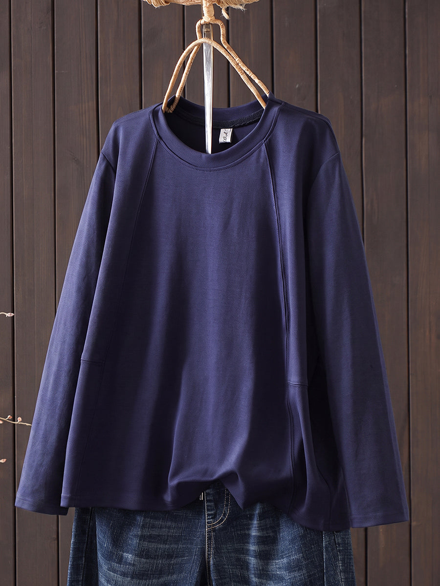 Plus Size Women Casual Pure Color O-Neck Long Sleeve T-Shirt