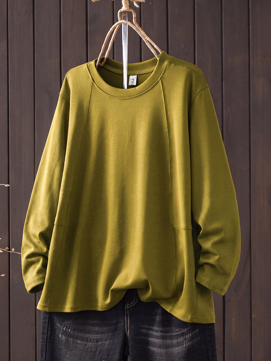 Plus Size Women Casual Pure Color O-Neck Long Sleeve T-Shirt