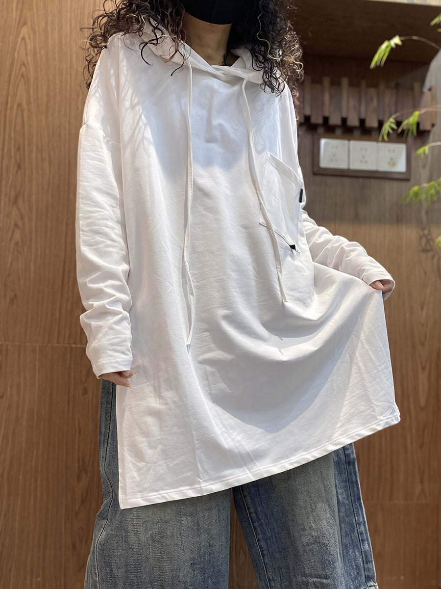 Plus Size Women Casual Pure Color Cotton Long Sleeve Hoodie