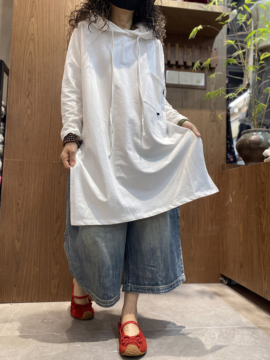 Plus Size Women Casual Pure Color Cotton Long Sleeve Hoodie