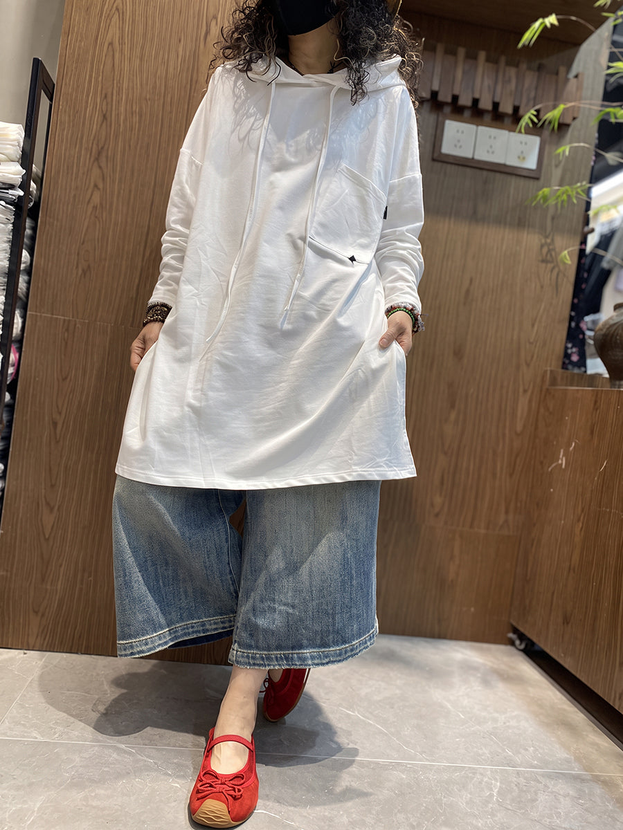Plus Size Women Casual Pure Color Cotton Long Sleeve Hoodie