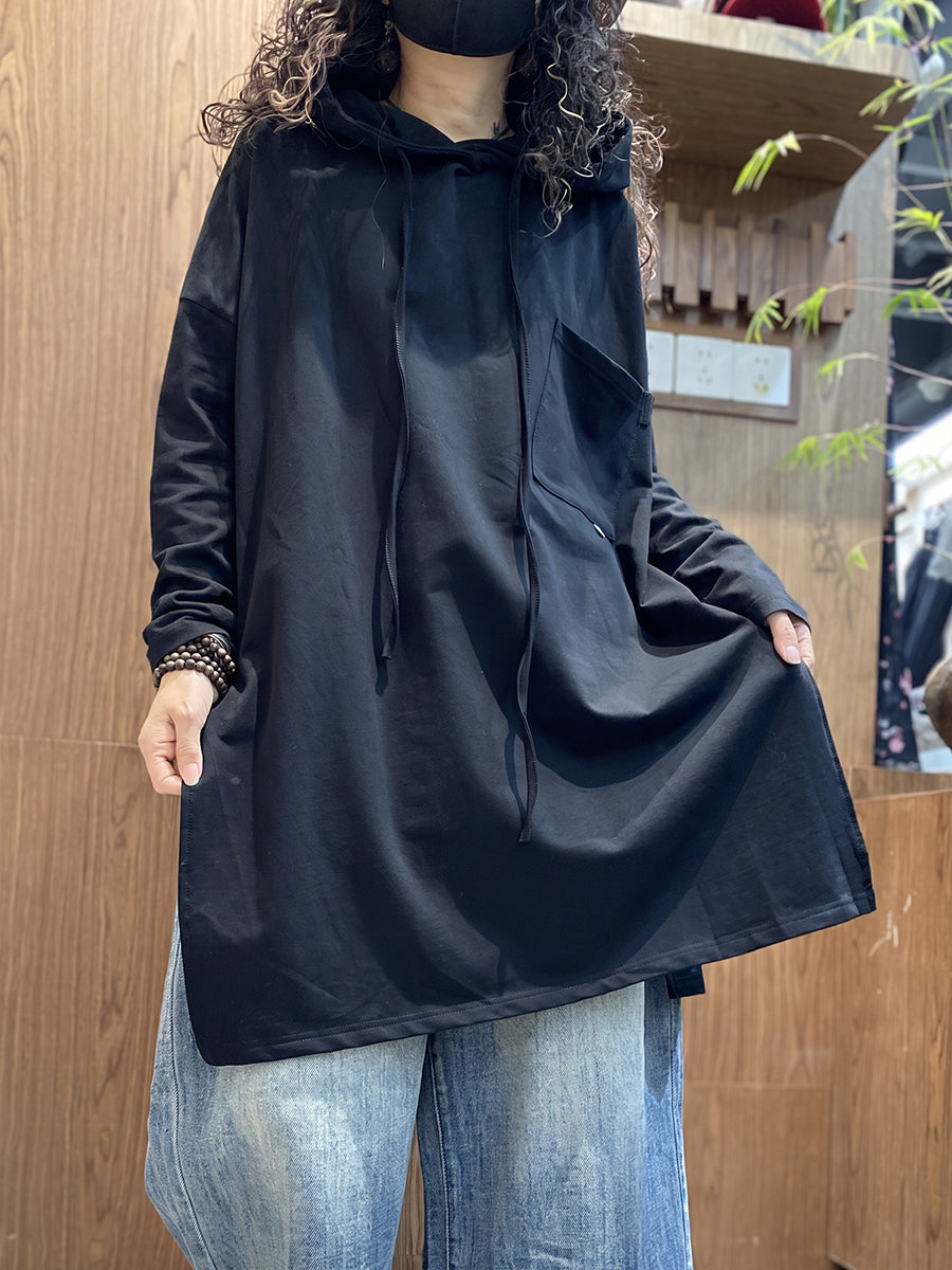 Plus Size Women Casual Pure Color Cotton Long Sleeve Hoodie