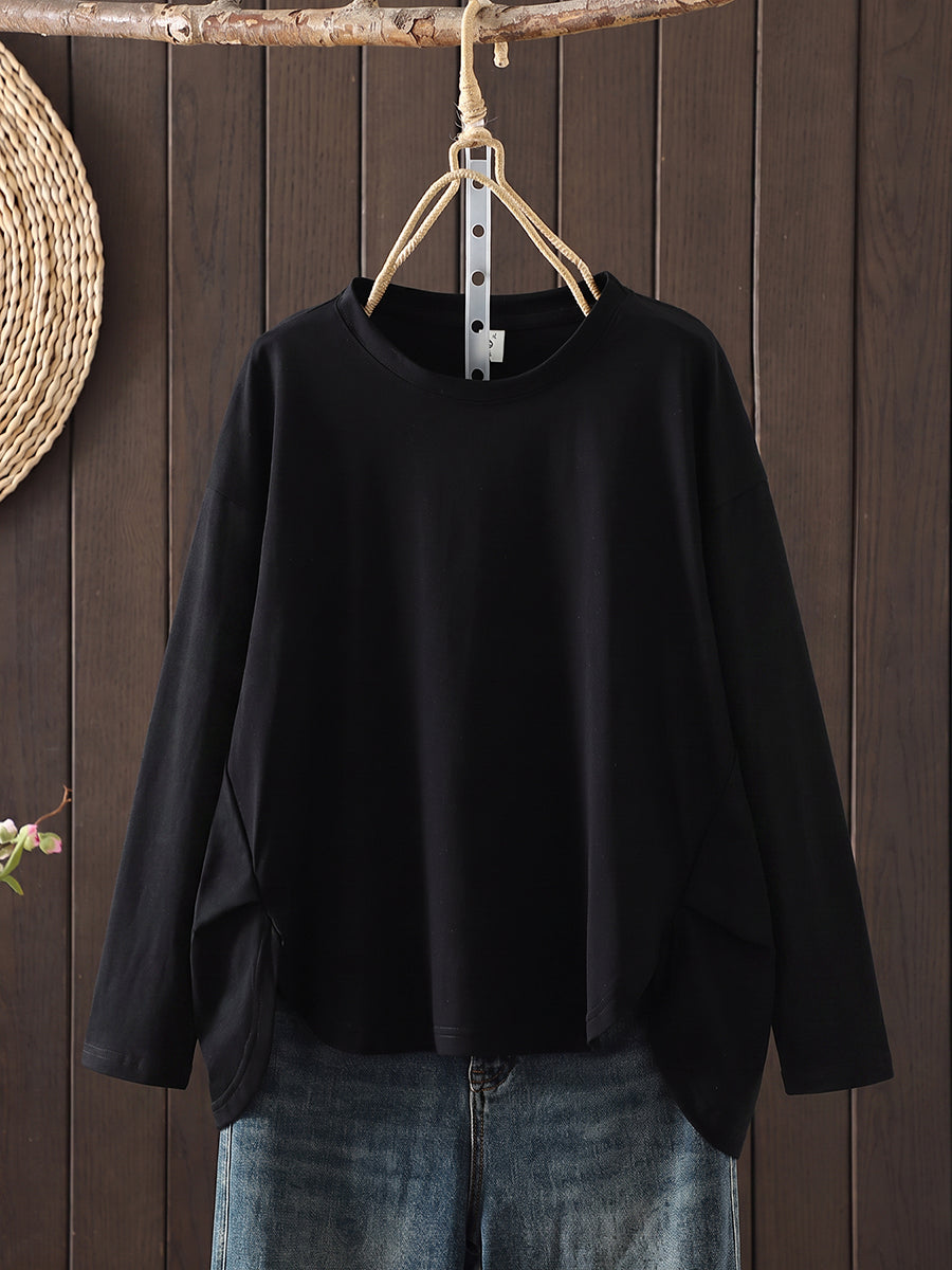 Plus Size Women Autumn Casual Pure Color O-Neck Long Sleeve T-Shirt