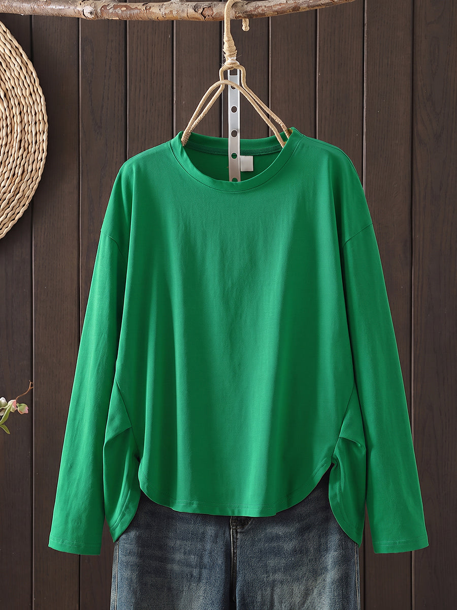 Plus Size Women Autumn Casual Pure Color O-Neck Long Sleeve T-Shirt