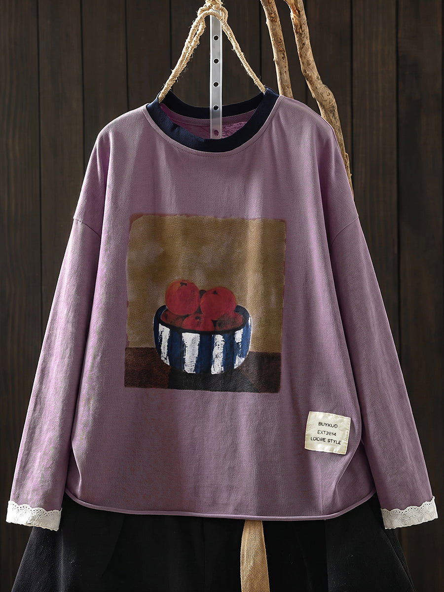 Plus Size Women Casual Print O-Neck Cotton Long Sleeve T-Shirt