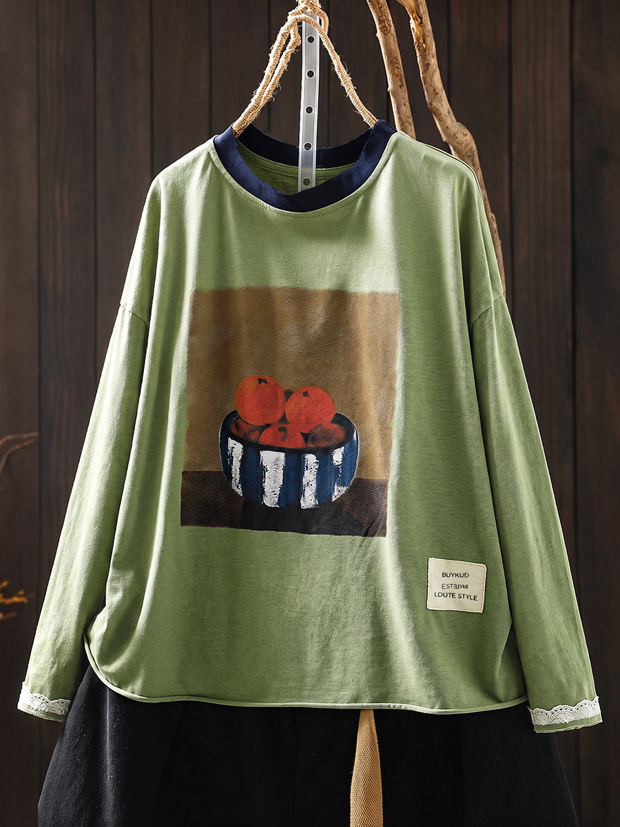 Plus Size Women Casual Print O-Neck Cotton Long Sleeve T-Shirt