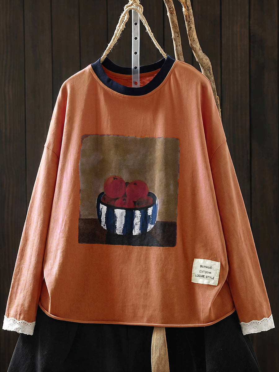 Plus Size Women Casual Print O-Neck Cotton Long Sleeve T-Shirt