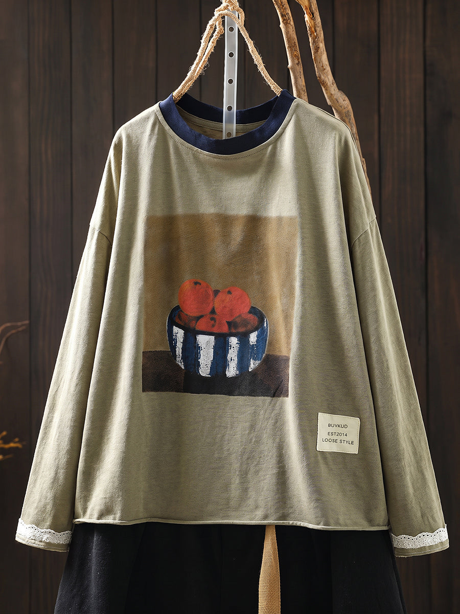 Plus Size Women Casual Print O-Neck Cotton Long Sleeve T-Shirt