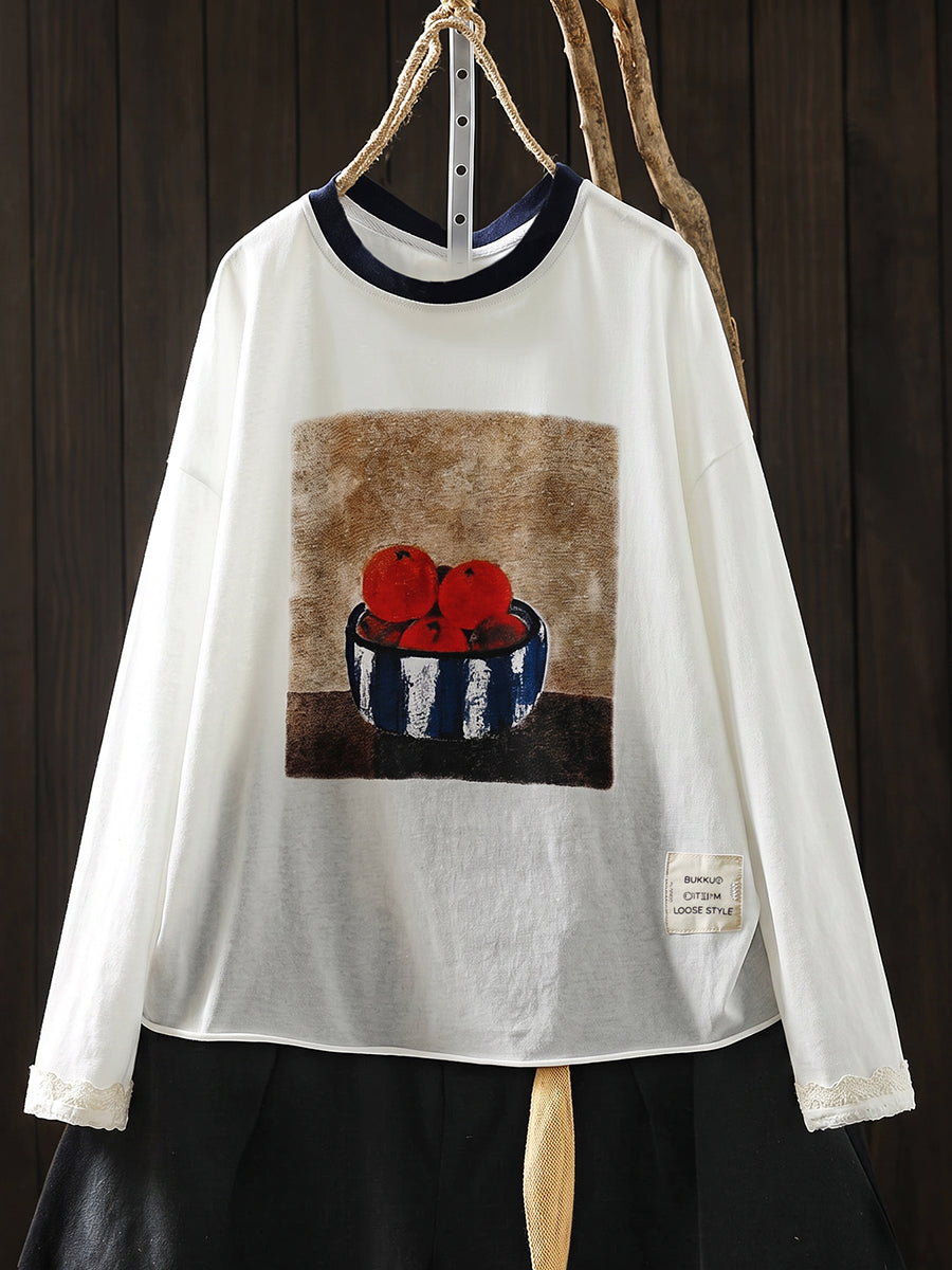 Plus Size Women Casual Print O-Neck Cotton Long Sleeve T-Shirt