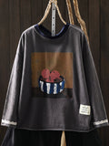 Plus Size Women Casual Print O-Neck Cotton Long Sleeve T-Shirt