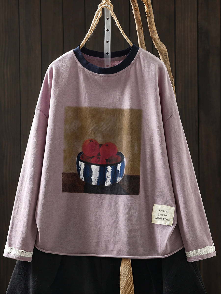 Plus Size Women Casual Print O-Neck Cotton Long Sleeve T-Shirt