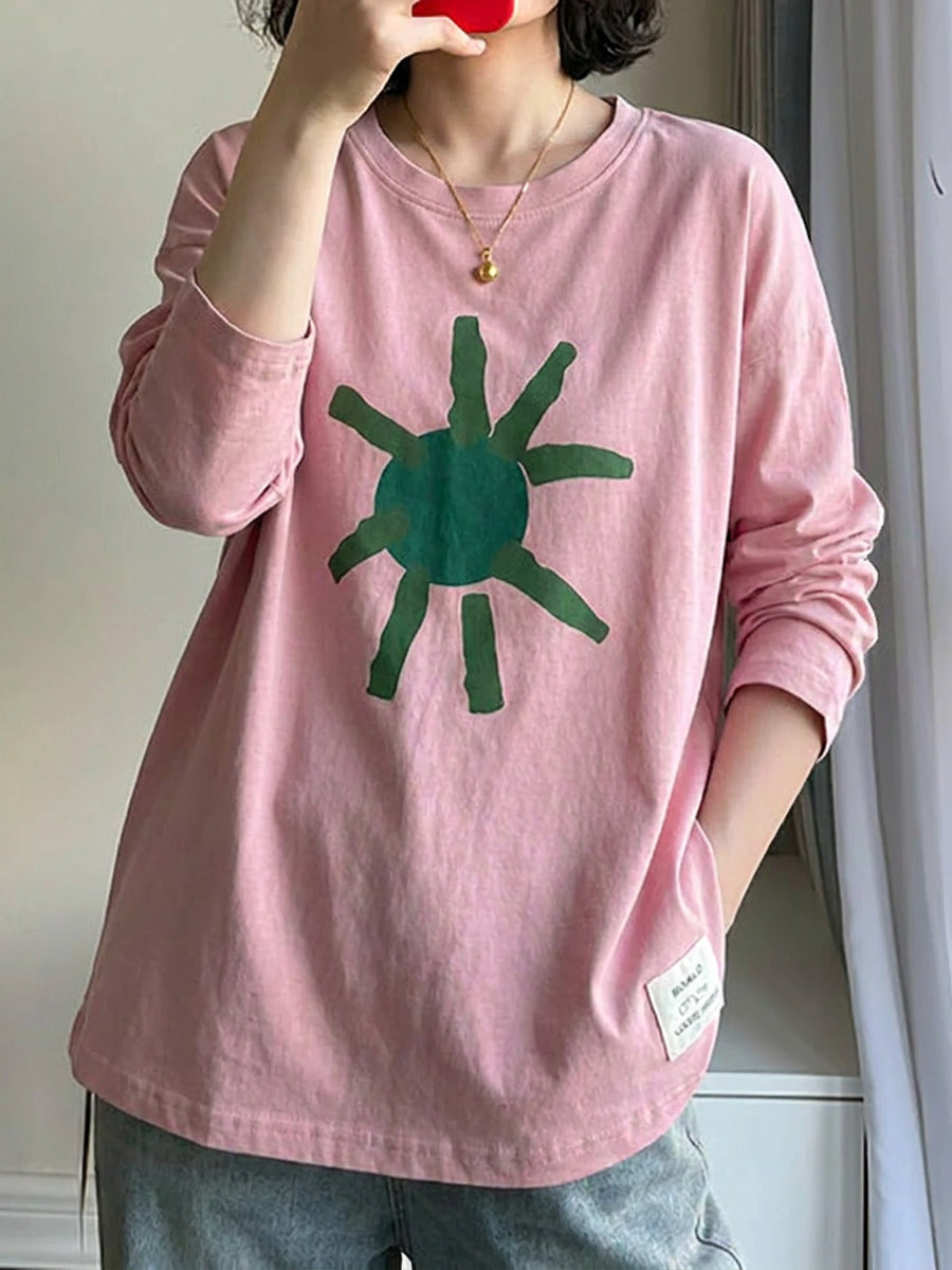 Plus Size Artsy Print 100%Cotton Loose Long Sleeve T-Shirt