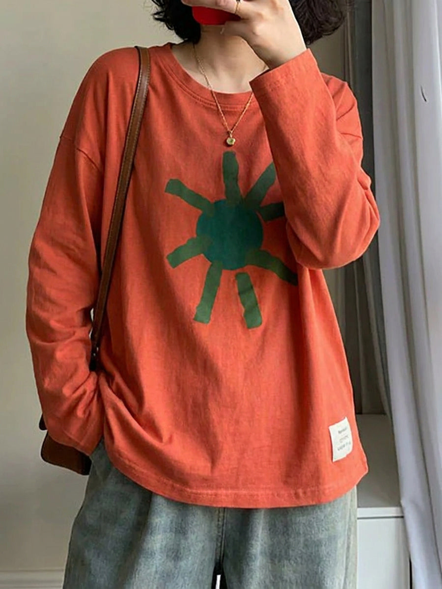 Plus Size Artsy Print 100%Cotton Loose Long Sleeve T-Shirt