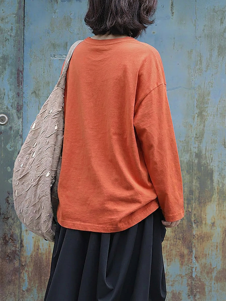 Plus Size Artsy Print 100%Cotton Loose Long Sleeve T-Shirt
