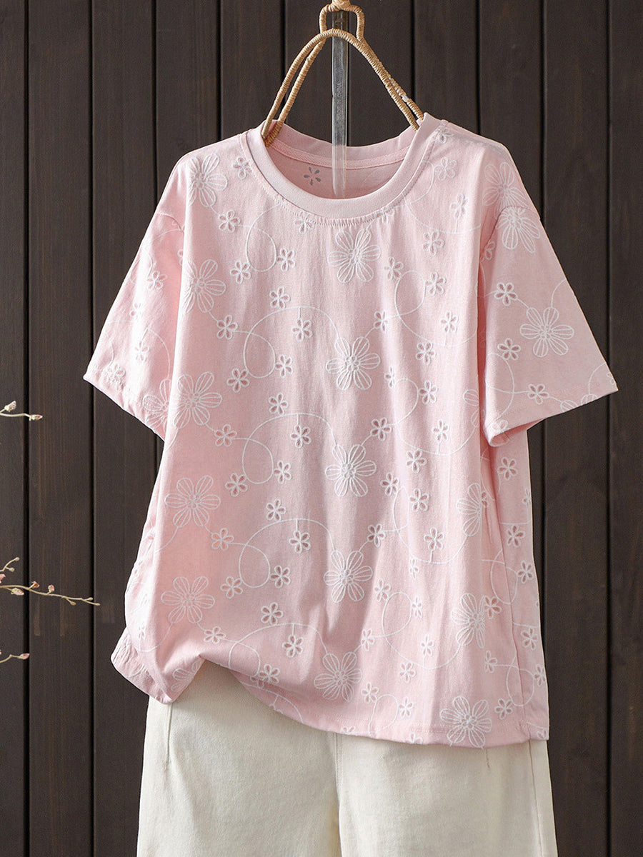 Plus Size  Women Summer Embroidery Artsy Short Sleeve  T-Shirt