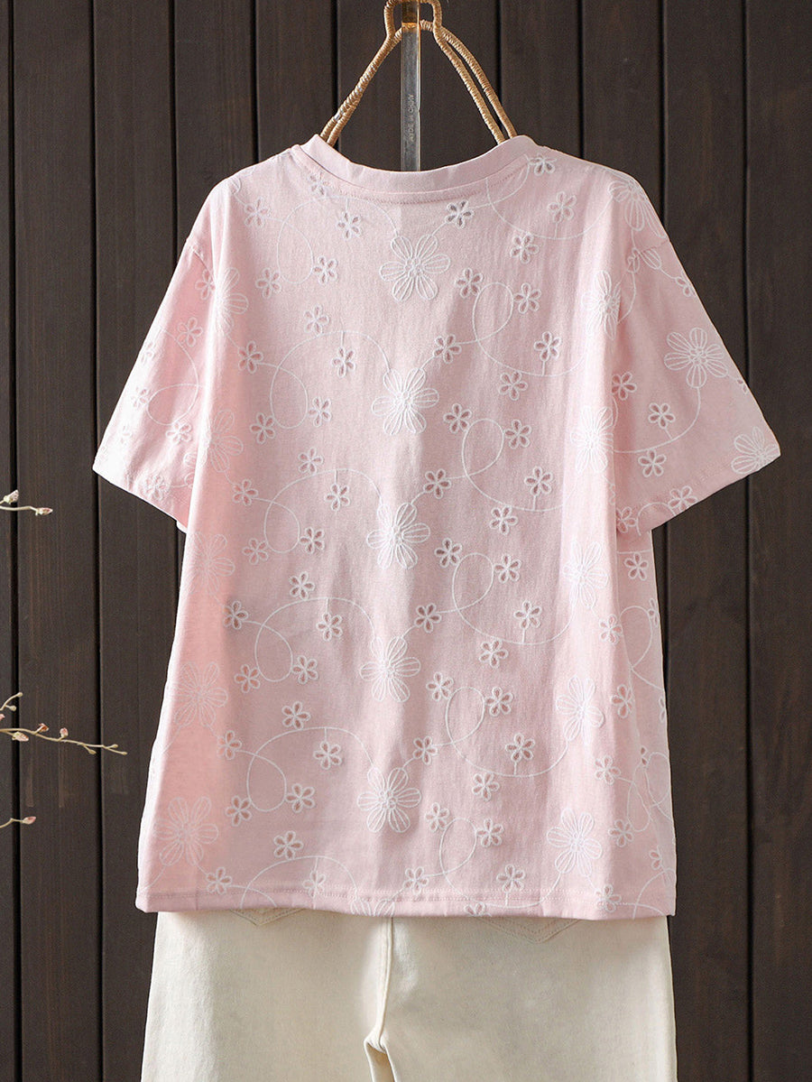Plus Size  Women Summer Embroidery Artsy Short Sleeve  T-Shirt