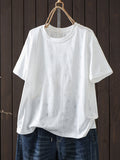Plus Size  Women Summer Embroidery Artsy Short Sleeve  T-Shirt